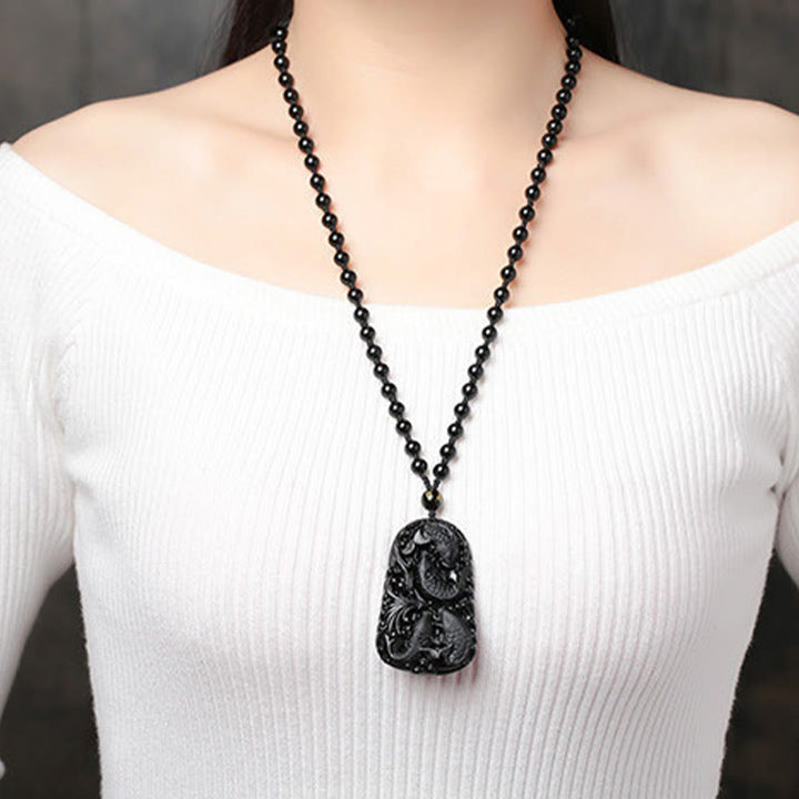 Buddha Stones Czarny Obsydian Koi Ryba Grawerowana Siła Koralikowy Naszyjnik Wisiorek - image 19
