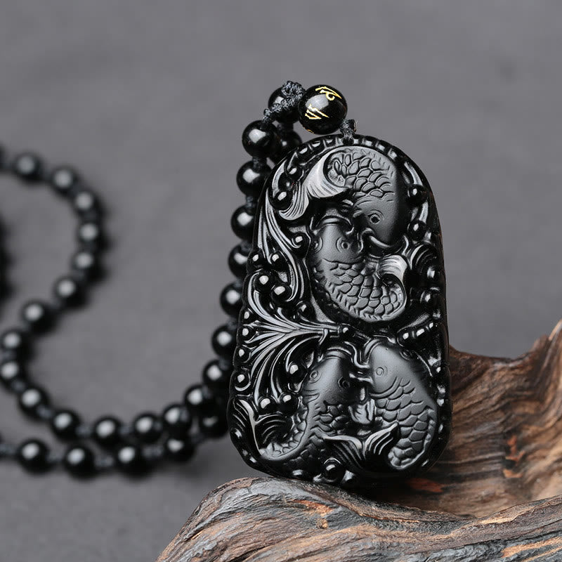 Buddha Stones Czarny Obsydian Koi Ryba Grawerowana Siła Koralikowy Naszyjnik Wisiorek - image 9