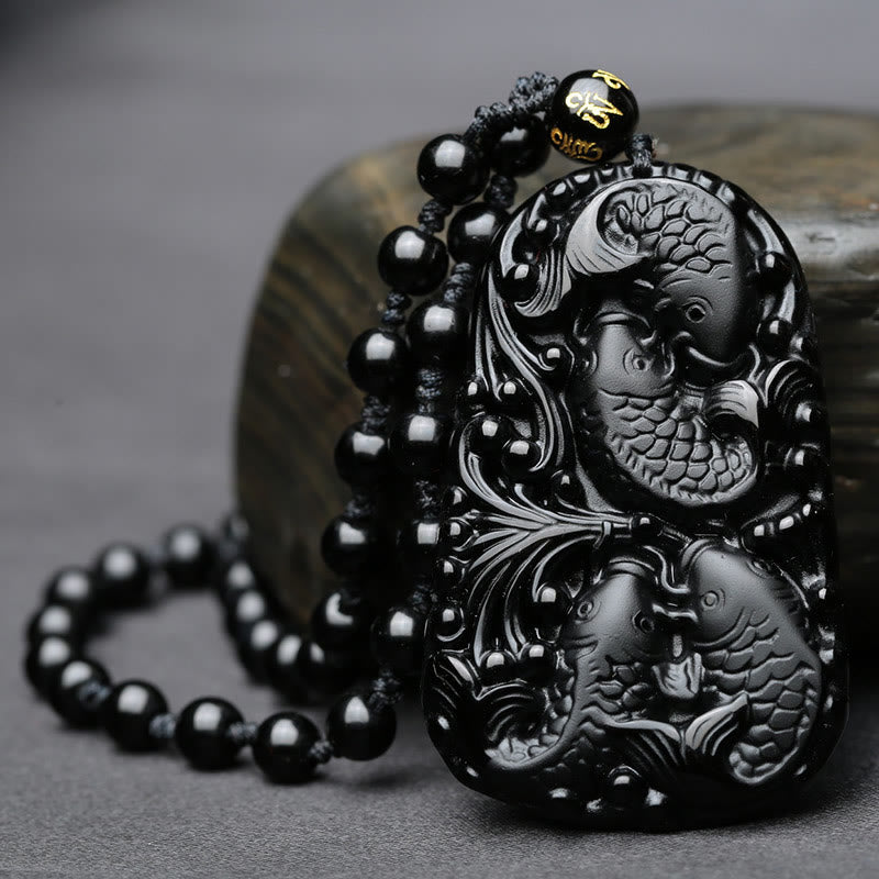 Buddha Stones Czarny Obsydian Koi Ryba Grawerowana Siła Koralikowy Naszyjnik Wisiorek - image 4