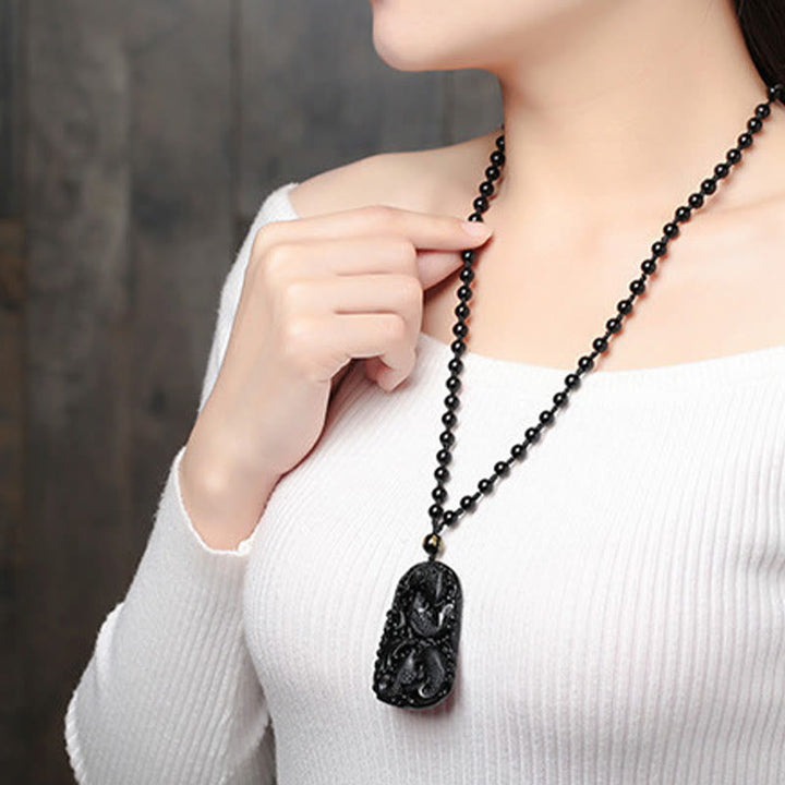 Buddha Stones Czarny Obsydian Koi Ryba Grawerowana Siła Koralikowy Naszyjnik Wisiorek - image 18