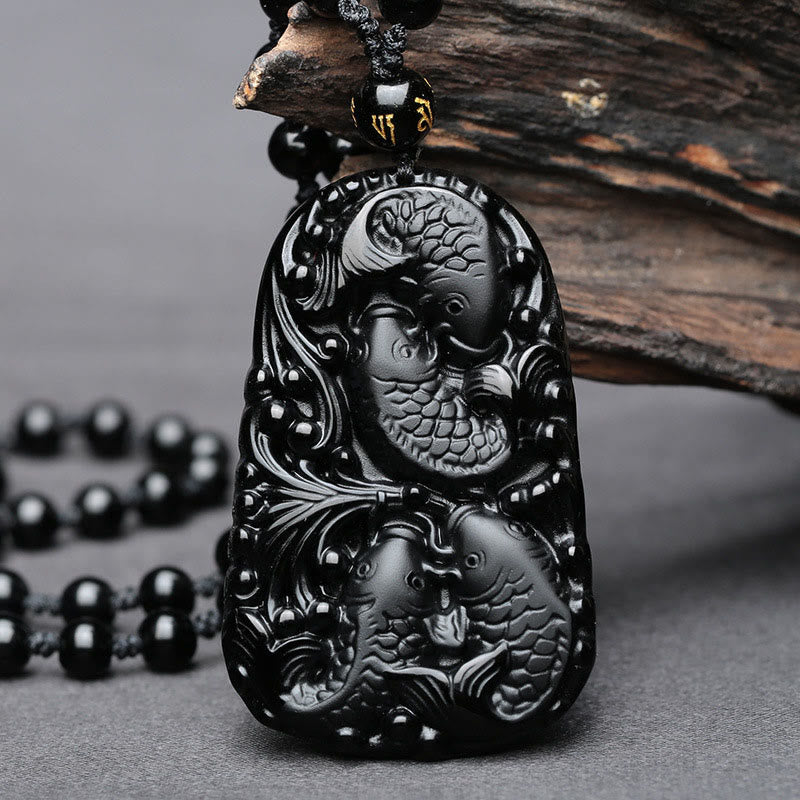 Buddha Stones Czarny Obsydian Koi Ryba Grawerowana Siła Koralikowy Naszyjnik Wisiorek - Ryba Koi (Szczęście ♥Dobrobyt) - image 1