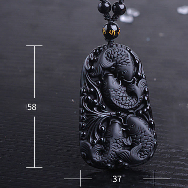Buddha Stones Czarny Obsydian Koi Ryba Grawerowana Siła Koralikowy Naszyjnik Wisiorek - image 16