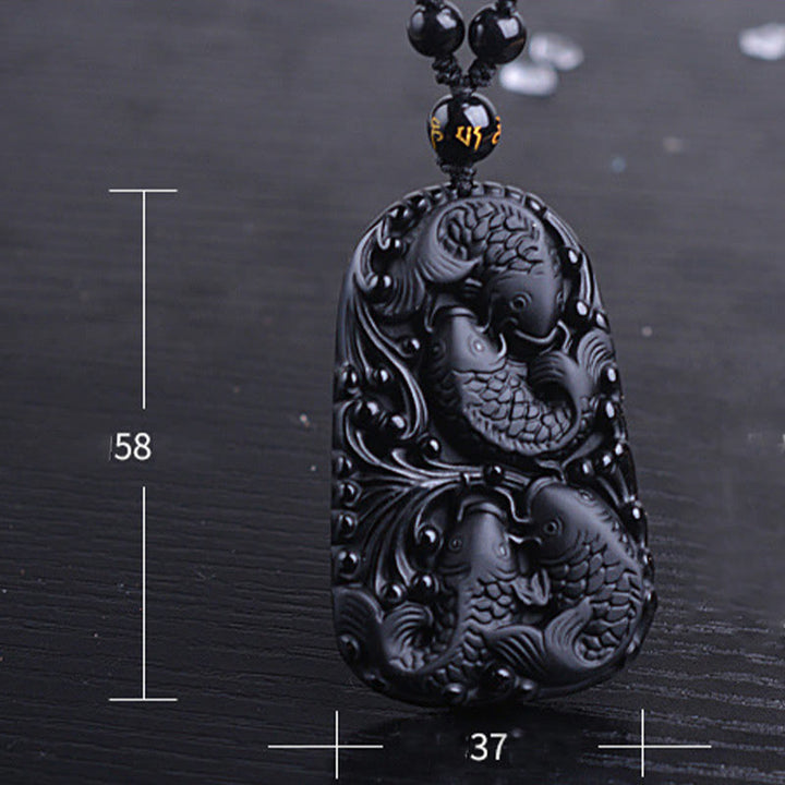 Buddha Stones Czarny Obsydian Koi Ryba Grawerowana Siła Koralikowy Naszyjnik Wisiorek - image 16