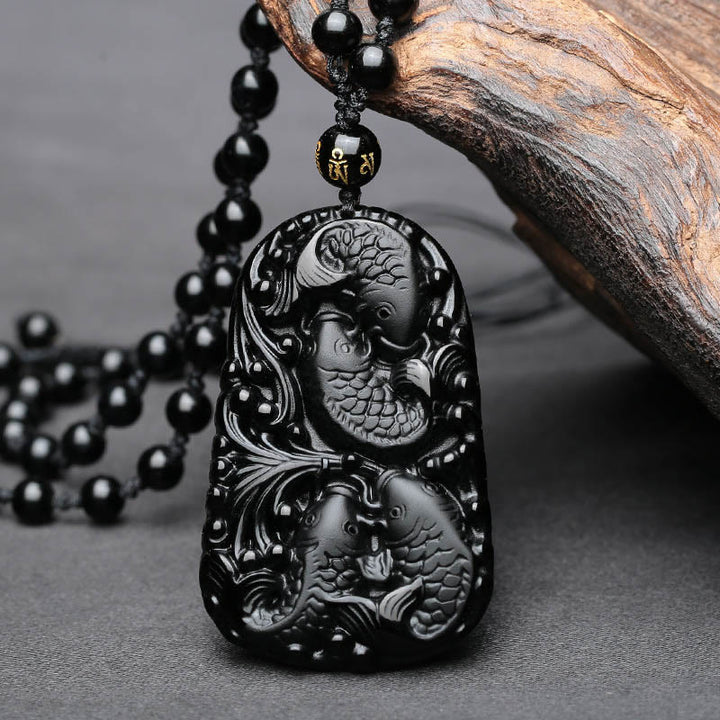 Buddha Stones Czarny Obsydian Koi Ryba Grawerowana Siła Koralikowy Naszyjnik Wisiorek - image 8