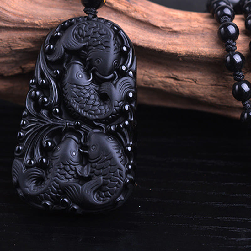 Buddha Stones Czarny Obsydian Koi Ryba Grawerowana Siła Koralikowy Naszyjnik Wisiorek - image 14