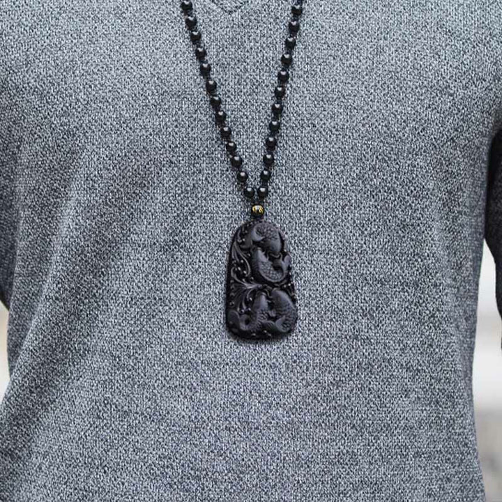 Buddha Stones Czarny Obsydian Koi Ryba Grawerowana Siła Koralikowy Naszyjnik Wisiorek - image 17