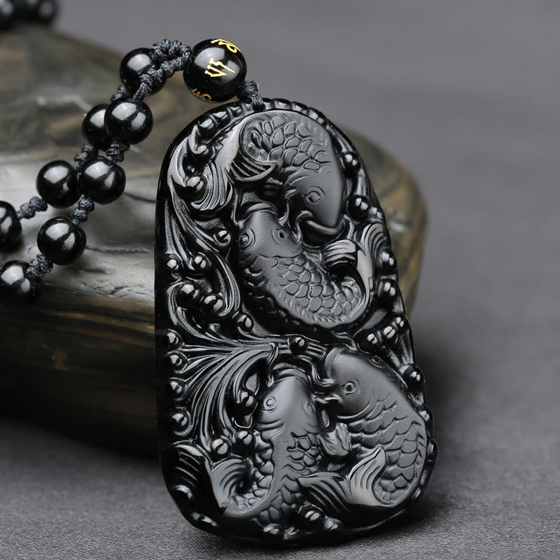 Buddha Stones Czarny Obsydian Koi Ryba Grawerowana Siła Koralikowy Naszyjnik Wisiorek - image 2