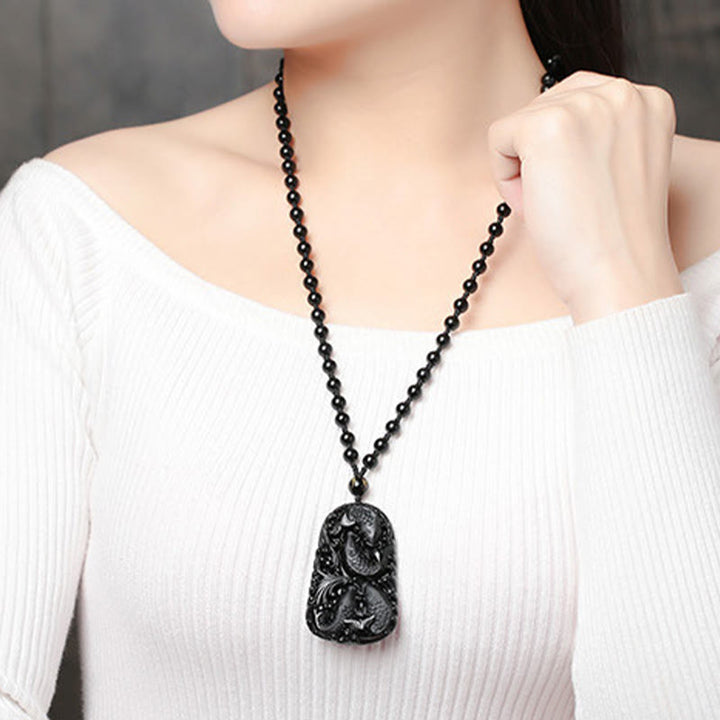 Buddha Stones Czarny Obsydian Koi Ryba Grawerowana Siła Koralikowy Naszyjnik Wisiorek - image 21