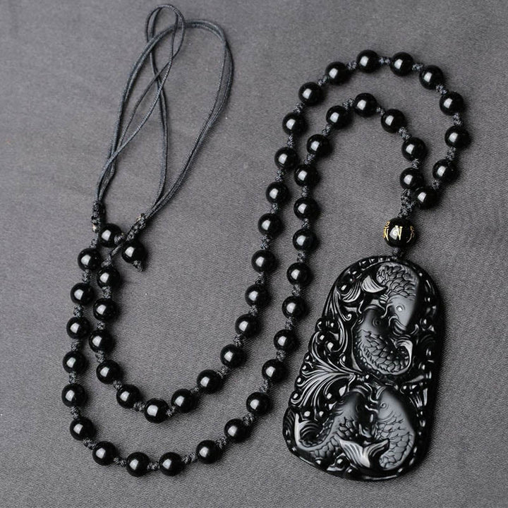 Buddha Stones Czarny Obsydian Koi Ryba Grawerowana Siła Koralikowy Naszyjnik Wisiorek - image 10