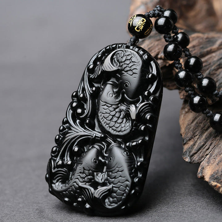 Buddha Stones Czarny Obsydian Koi Ryba Grawerowana Siła Koralikowy Naszyjnik Wisiorek - image 3