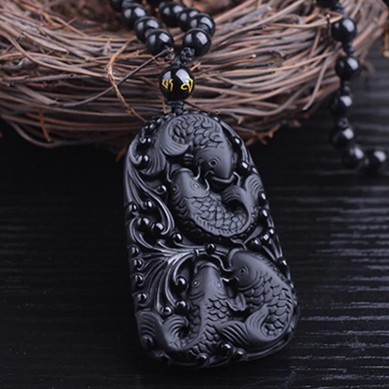 Buddha Stones Czarny Obsydian Koi Ryba Grawerowana Siła Koralikowy Naszyjnik Wisiorek - image 12