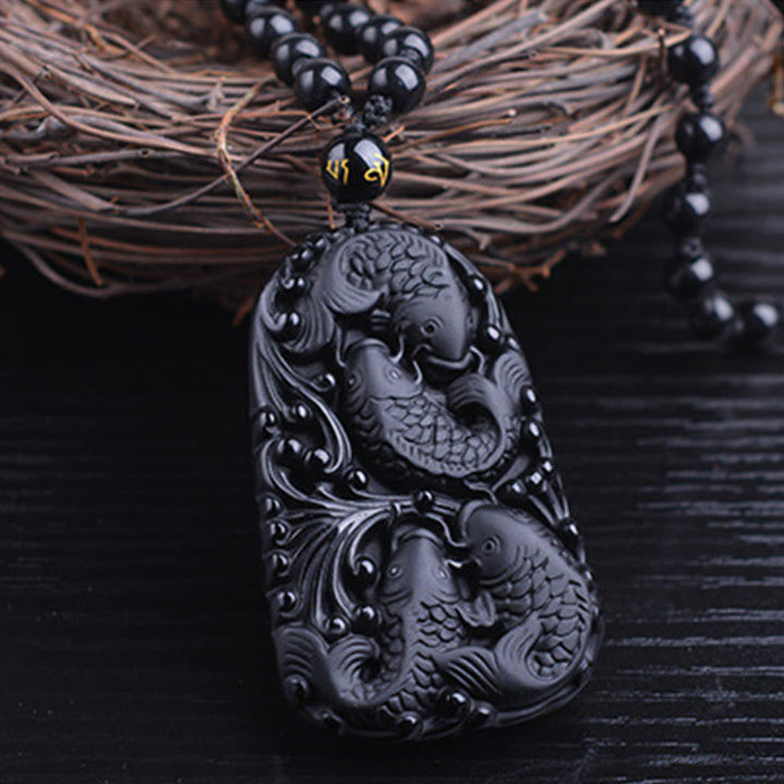 Buddha Stones Czarny Obsydian Koi Ryba Grawerowana Siła Koralikowy Naszyjnik Wisiorek - image 12