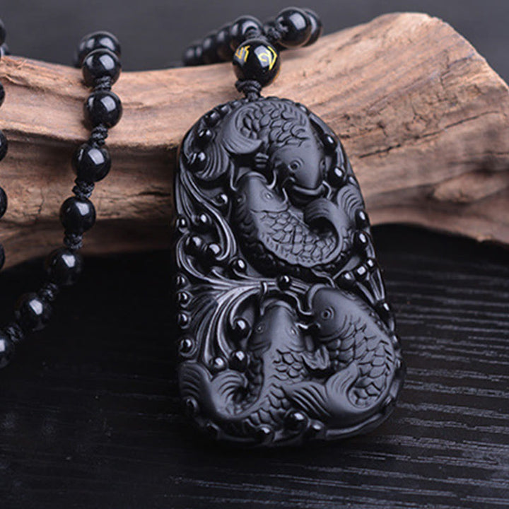Buddha Stones Czarny Obsydian Koi Ryba Grawerowana Siła Koralikowy Naszyjnik Wisiorek - image 13