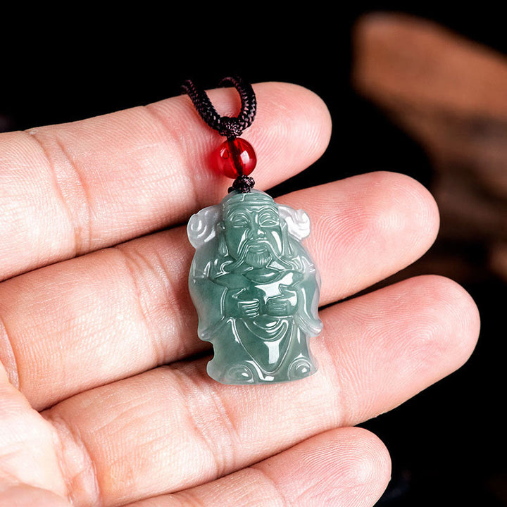 Buddha Stones Naturalny Zielony Jadeit Chiński Bóg Bogactwa Caishen Ingot Naszyjnik Obfitość Wisiorek