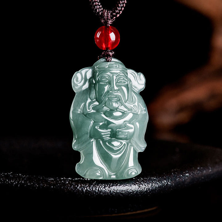 Buddha Stones Naturalny Zielony Jadeit Chiński Bóg Bogactwa Caishen Ingot Naszyjnik Obfitość Wisiorek