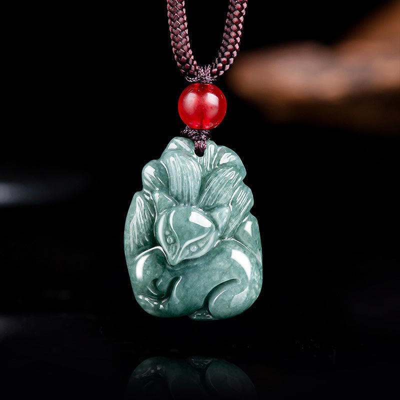 Buddha Stones Naturalny Zielony Jadeit Dziewięcioogonowy Lis Grawerowany Naszyjnik Wisiorek Dobrobytu