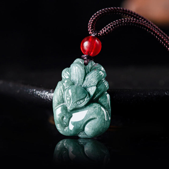 Buddha Stones Naturalny Zielony Jadeit Dziewięcioogonowy Lis Grawerowany Naszyjnik Wisiorek Dobrobytu