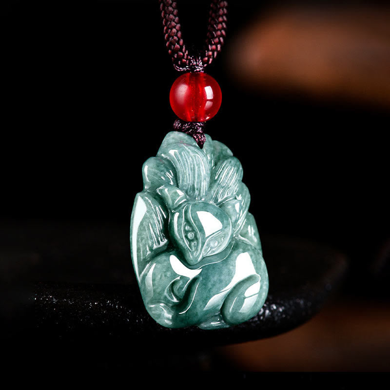 Buddha Stones Naturalny Zielony Jadeit Dziewięcioogonowy Lis Grawerowany Naszyjnik Wisiorek Dobrobytu
