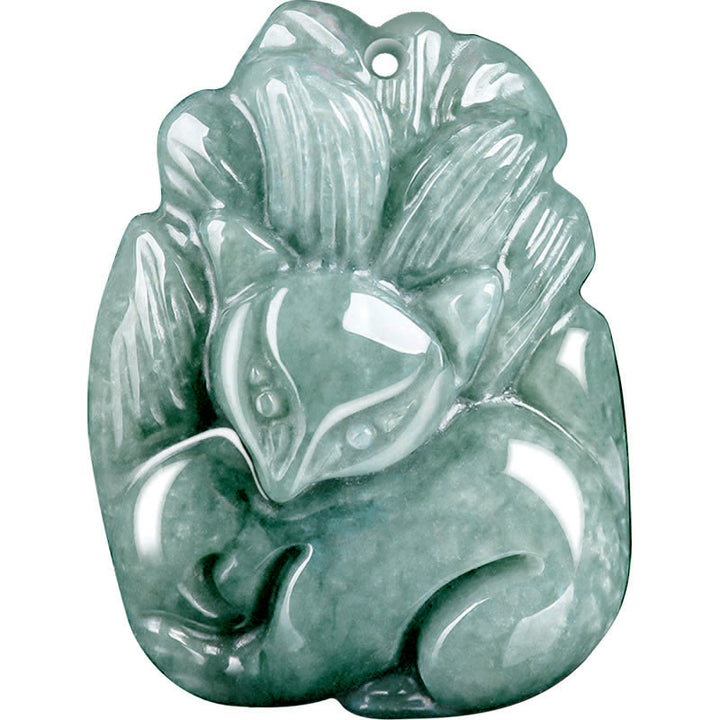 Buddha Stones Naturalny Zielony Jadeit Dziewięcioogonowy Lis Grawerowany Naszyjnik Wisiorek Dobrobytu