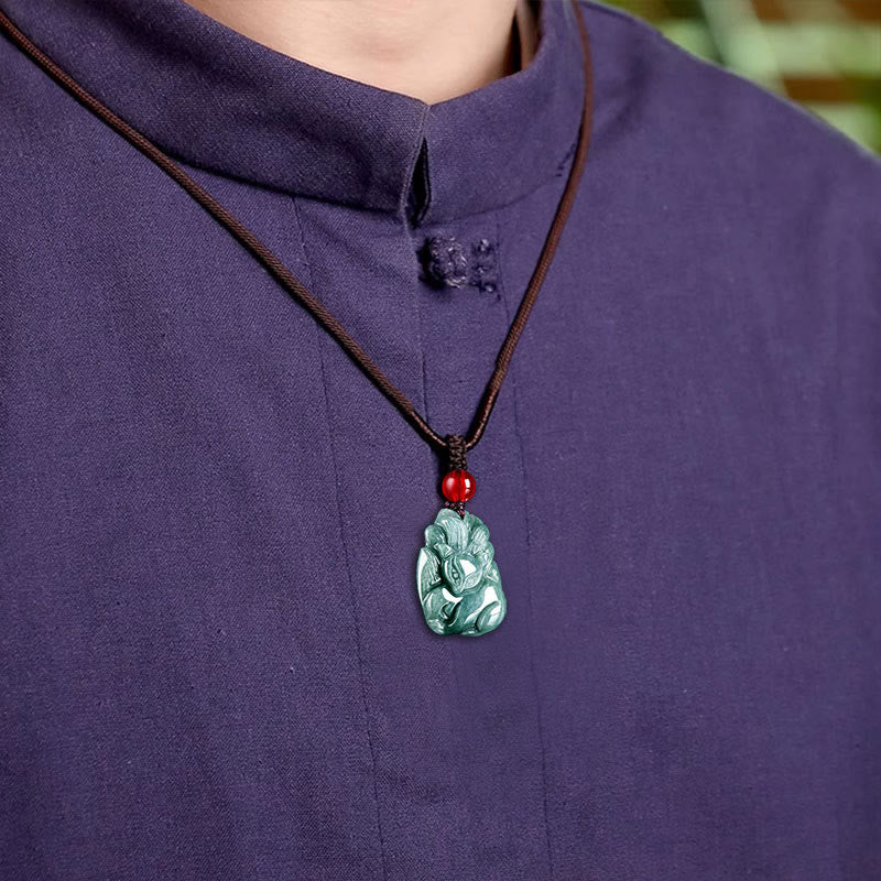 Buddha Stones Naturalny Zielony Jadeit Dziewięcioogonowy Lis Grawerowany Naszyjnik Wisiorek Dobrobytu