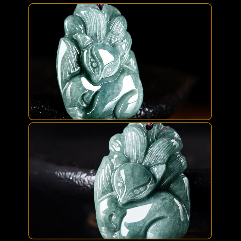 Buddha Stones Naturalny Zielony Jadeit Dziewięcioogonowy Lis Grawerowany Naszyjnik Wisiorek Dobrobytu