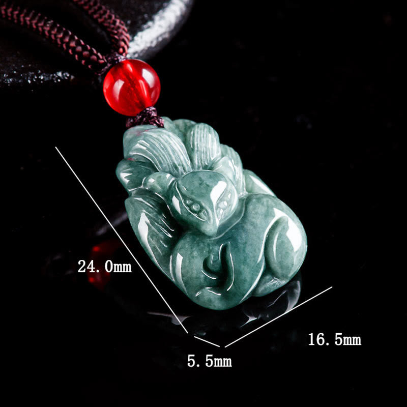 Buddha Stones Naturalny Zielony Jadeit Dziewięcioogonowy Lis Grawerowany Naszyjnik Wisiorek Dobrobytu