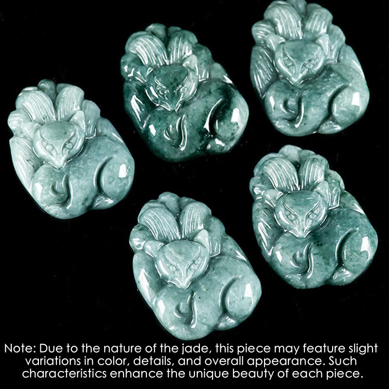 Buddha Stones Naturalny Zielony Jadeit Dziewięcioogonowy Lis Grawerowany Naszyjnik Wisiorek Dobrobytu