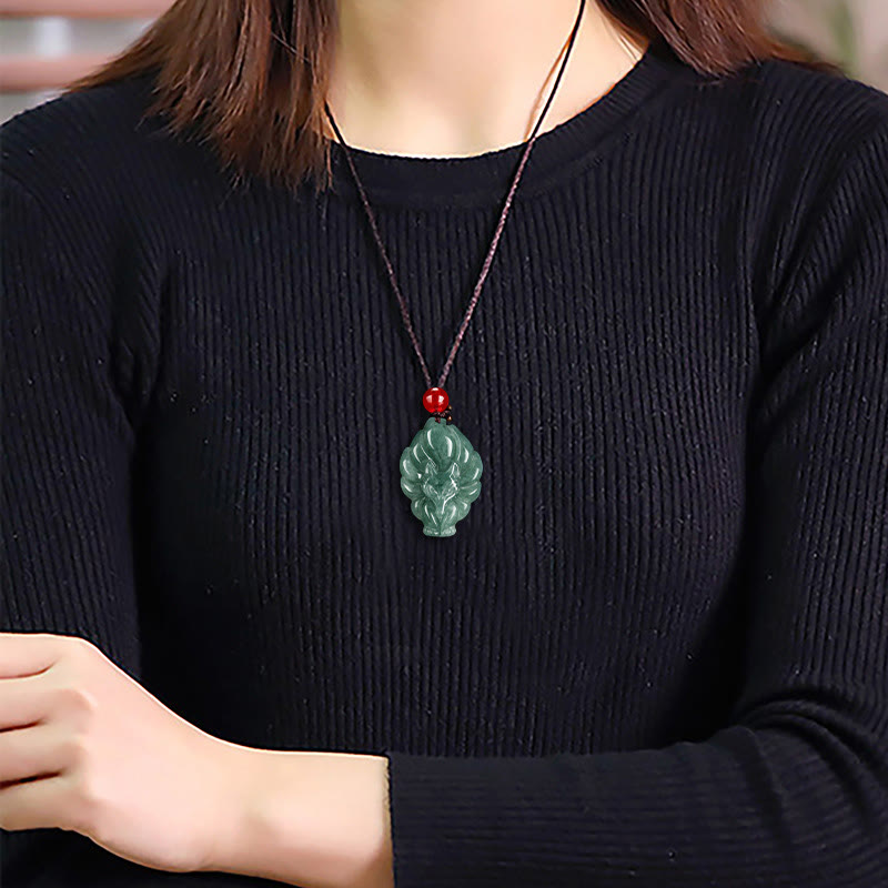 Naszyjnik z Buddha Stones Naturalny Zielony Jadeit Dziewięcioogonowy Lis Szczęście Wisiorek - image 9