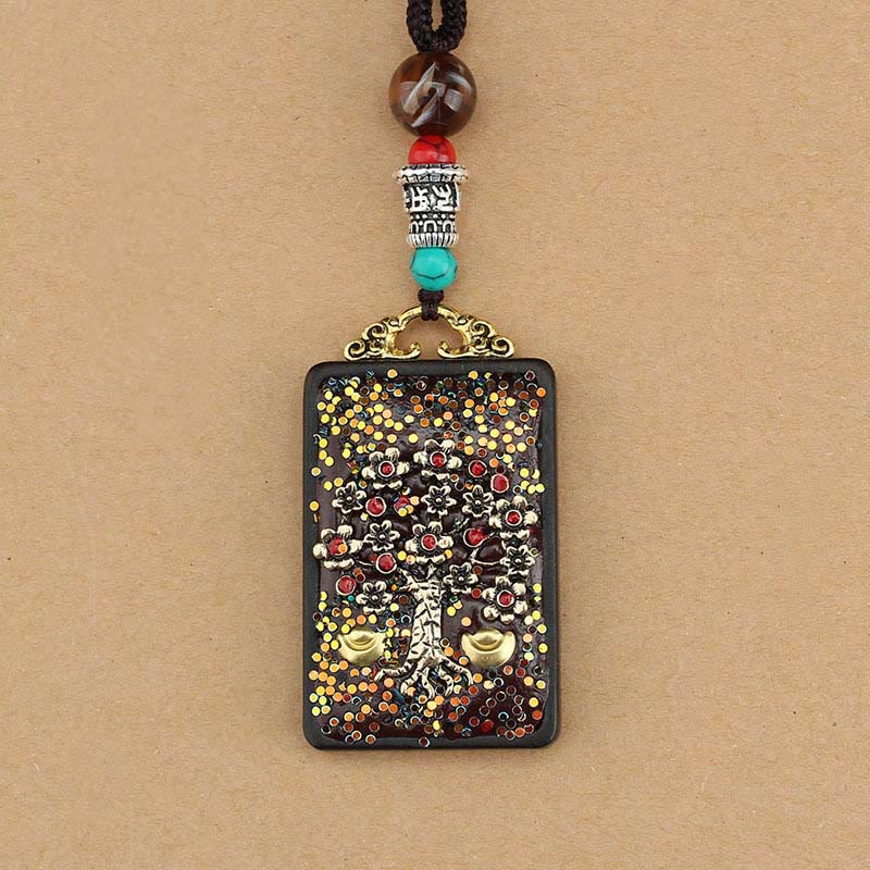 Buddha Stones Tybet Bóg Bogactwa Drzewo Pieniędzy Złoty Feniks Thangka Ebony Naszyjnik Pokoju Wisiorek