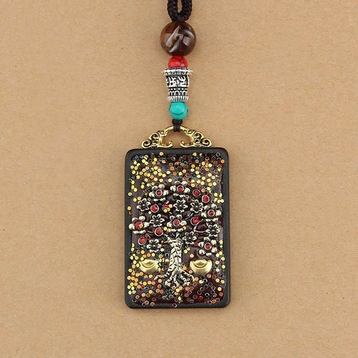 Buddha Stones Tybet Bóg Bogactwa Drzewo Pieniędzy Złoty Feniks Thangka Ebony Naszyjnik Pokoju Wisiorek