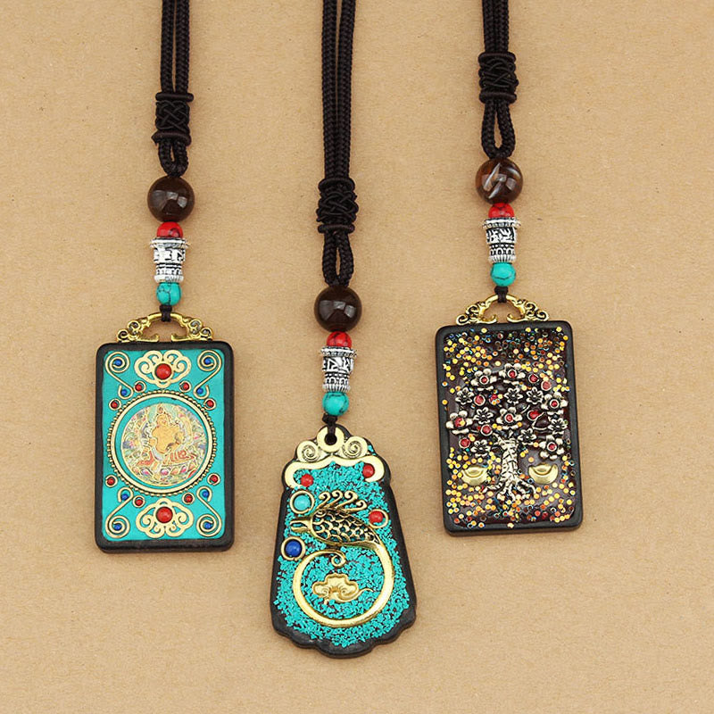 Buddha Stones Tybet Bóg Bogactwa Drzewo Pieniędzy Złoty Feniks Thangka Ebony Naszyjnik Pokoju Wisiorek