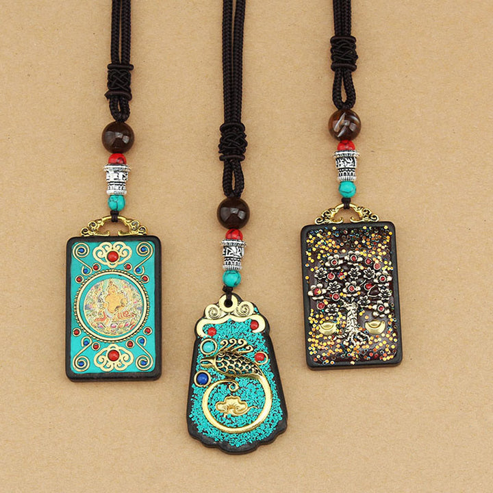 Buddha Stones Tybet Bóg Bogactwa Drzewo Pieniędzy Złoty Feniks Thangka Ebony Naszyjnik Pokoju Wisiorek