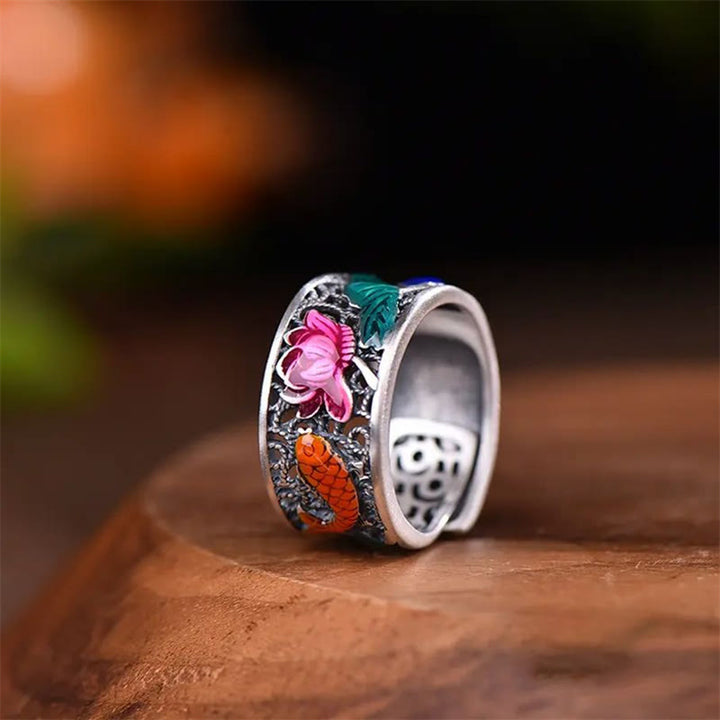 Buddha Stones Miedziano-niebieskie Emaliowane Serce Lotosu Sutra Pierścień Szczęścia Ryby Koi