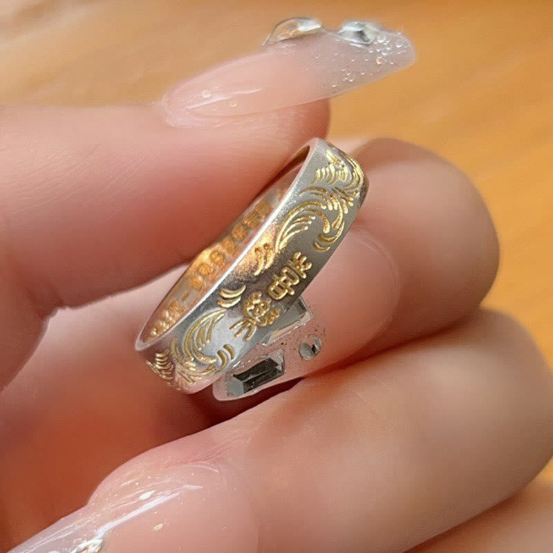 Kamień Buddy 999 Srebro próby 925 Pozłacany Radosny Kwiatowy Wzór Spokojnego Serca Sutra Pierścień - image 6