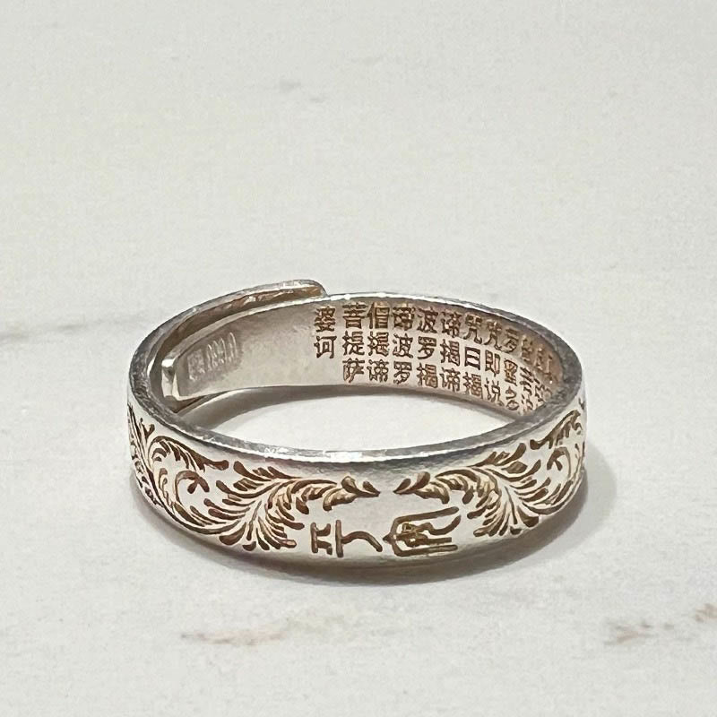 Kamień Buddy 999 Srebro próby 925 Pozłacany Radosny Kwiatowy Wzór Spokojnego Serca Sutra Pierścień - image 15