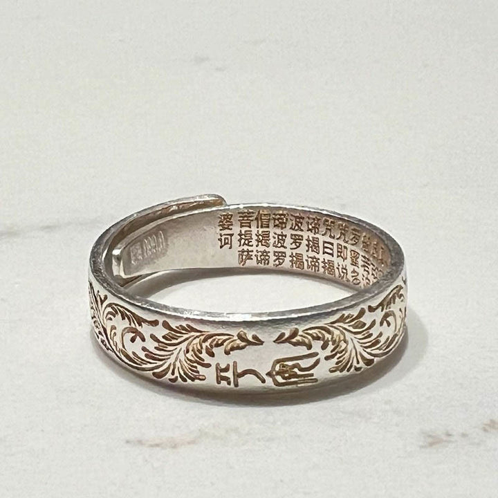 Kamień Buddy 999 Srebro próby 925 Pozłacany Radosny Kwiatowy Wzór Spokojnego Serca Sutra Pierścień - image 15