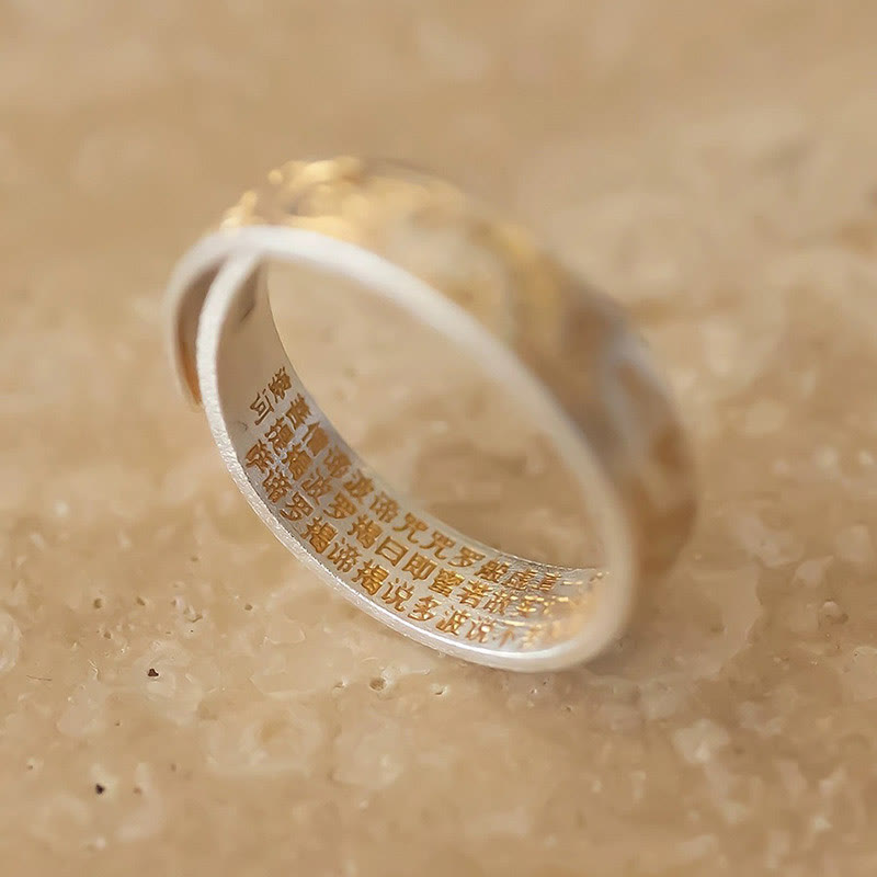 Kamień Buddy 999 Srebro próby 925 Pozłacany Radosny Kwiatowy Wzór Spokojnego Serca Sutra Pierścień - image 2