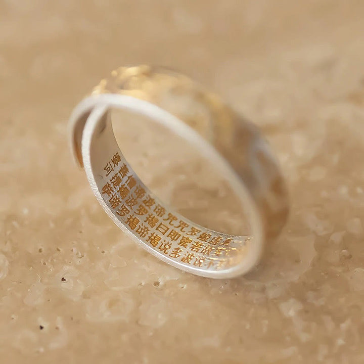 Kamień Buddy 999 Srebro próby 925 Pozłacany Radosny Kwiatowy Wzór Spokojnego Serca Sutra Pierścień - image 2