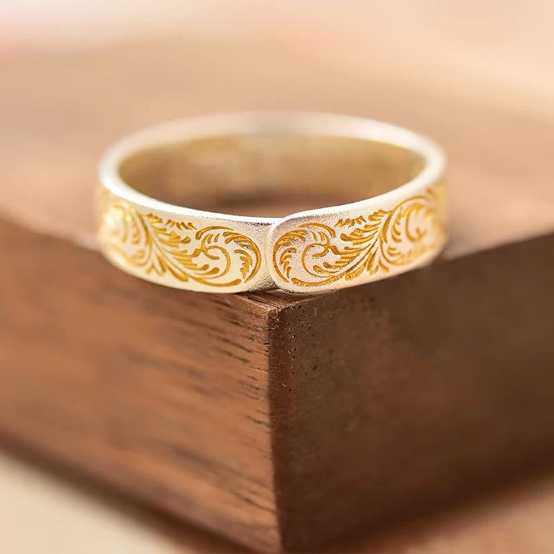 Kamień Buddy 999 Srebro próby 925 Pozłacany Radosny Kwiatowy Wzór Spokojnego Serca Sutra Pierścień - image 1