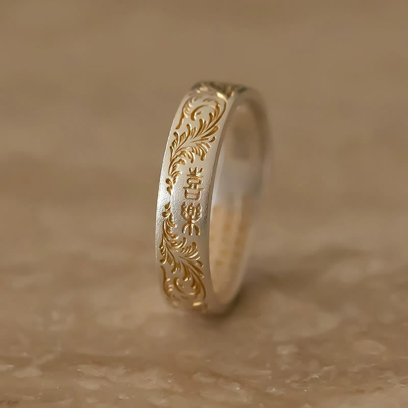 Kamień Buddy 999 Srebro próby 925 Pozłacany Radosny Kwiatowy Wzór Spokojnego Serca Sutra Pierścień - image 7