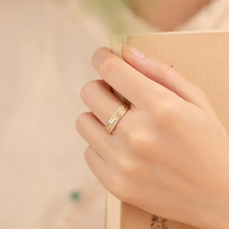 Kamień Buddy 999 Srebro próby 925 Pozłacany Radosny Kwiatowy Wzór Spokojnego Serca Sutra Pierścień - image 4