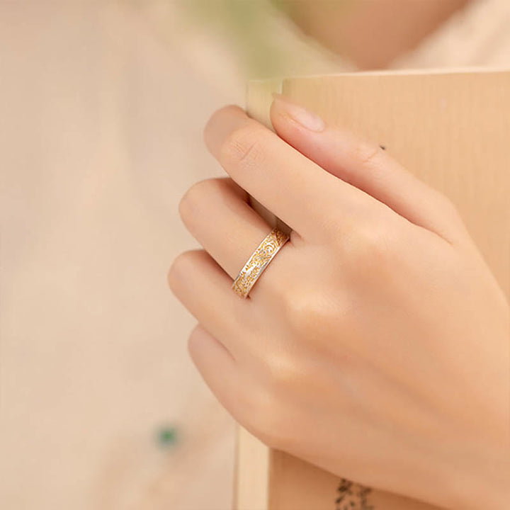 Kamień Buddy 999 Srebro próby 925 Pozłacany Radosny Kwiatowy Wzór Spokojnego Serca Sutra Pierścień - image 4