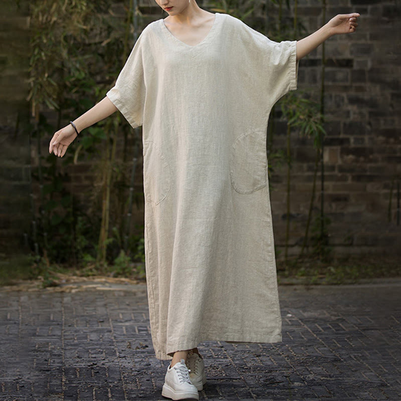 Sukienka midi z ramią lnianą z dekoltem w serek i kieszeniami Buddha Stones w jednolitym kolorze z krótkim rękawem - image 1