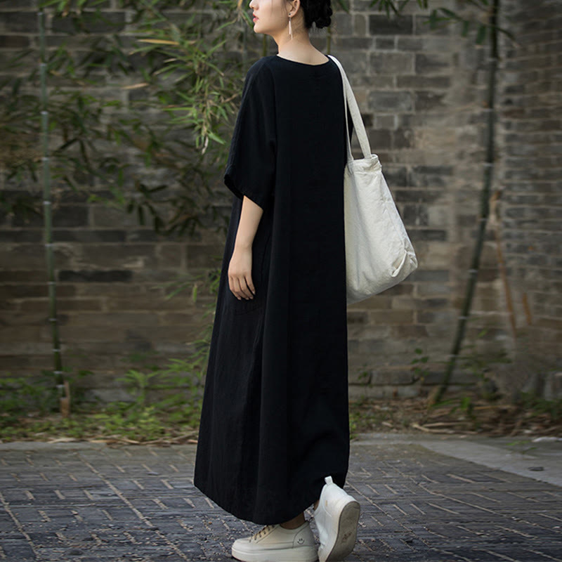 Sukienka midi z ramią lnianą z dekoltem w serek i kieszeniami Buddha Stones w jednolitym kolorze z krótkim rękawem - image 17