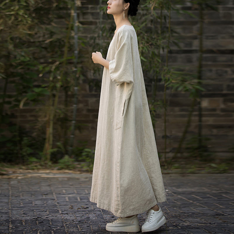 Sukienka midi z ramią lnianą z dekoltem w serek i kieszeniami Buddha Stones w jednolitym kolorze z krótkim rękawem - image 7