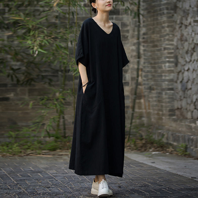 Sukienka midi z ramią lnianą z dekoltem w serek i kieszeniami Buddha Stones w jednolitym kolorze z krótkim rękawem - image 13