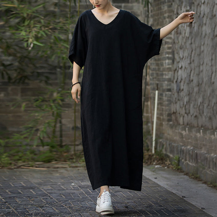 Sukienka midi z ramią lnianą z dekoltem w serek i kieszeniami Buddha Stones w jednolitym kolorze z krótkim rękawem - image 11