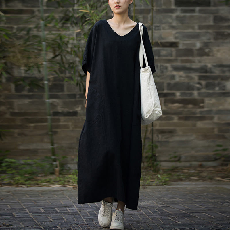 Sukienka midi z ramią lnianą z dekoltem w serek i kieszeniami Buddha Stones w jednolitym kolorze z krótkim rękawem - Czarny - F (pasuje do rozmiarów US4-14; UK/AU8-18; EU36-46) - image 10