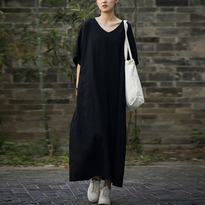 Sukienka midi z ramią lnianą z dekoltem w serek i kieszeniami Buddha Stones w jednolitym kolorze z krótkim rękawem - Czarny - F (pasuje do rozmiarów US4-14; UK/AU8-18; EU36-46) - image 10