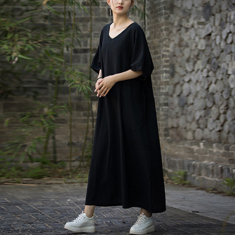 Sukienka midi z ramią lnianą z dekoltem w serek i kieszeniami Buddha Stones w jednolitym kolorze z krótkim rękawem - image 14